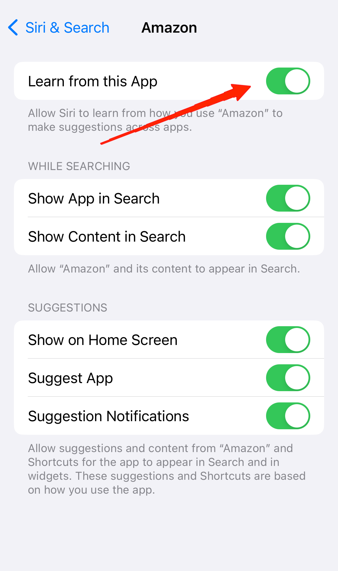 Finally, turn off the toggle beside 'Learn from the app'.