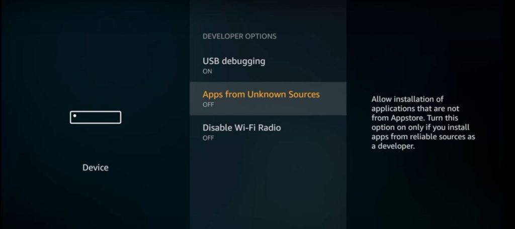 Fire TV Unkown Sources from Developers Option