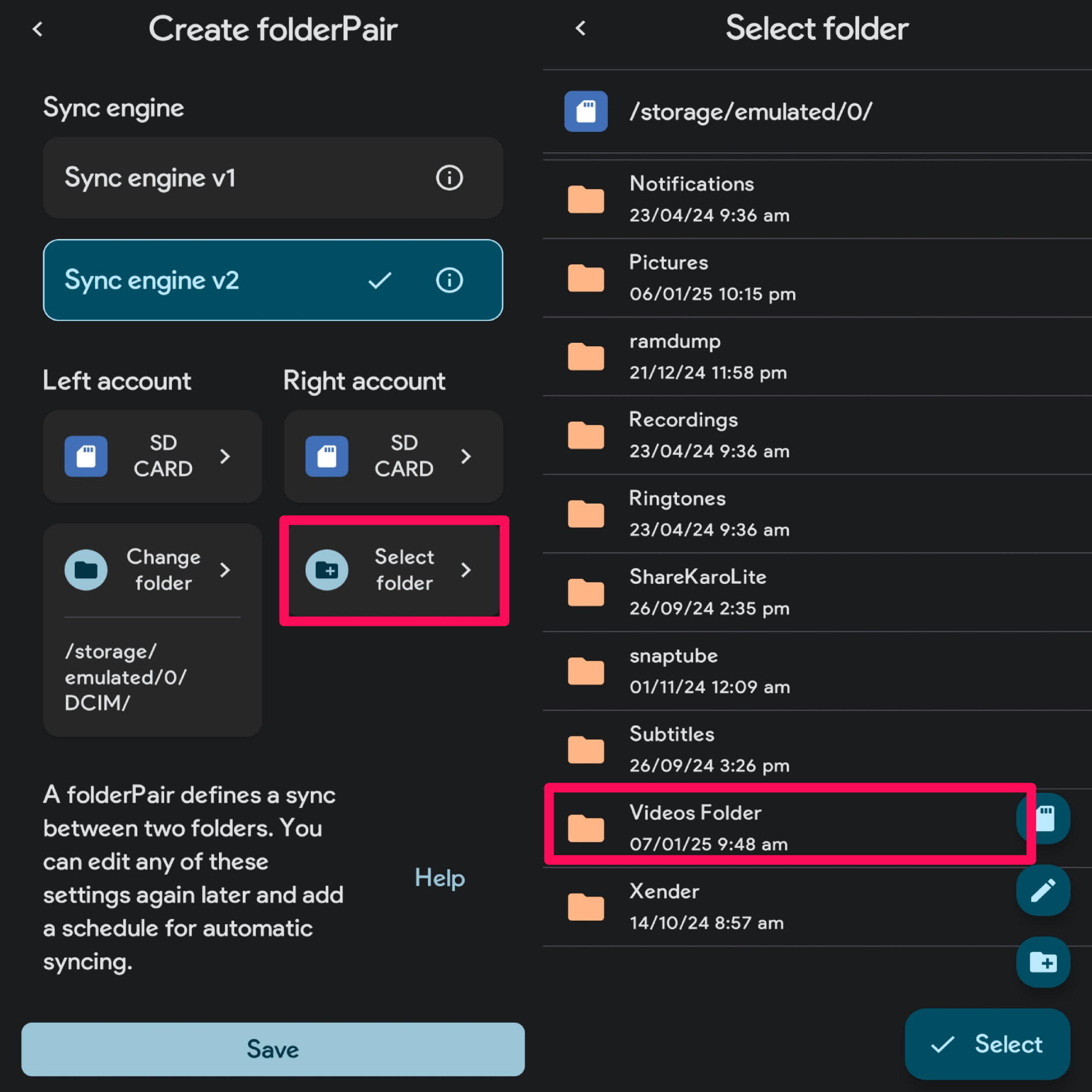 Tap on Select folder from the right account and choose a separate file