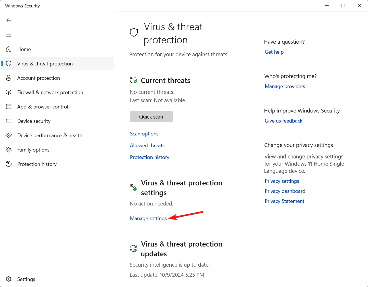 Follow manage settings located under virus and threat protection