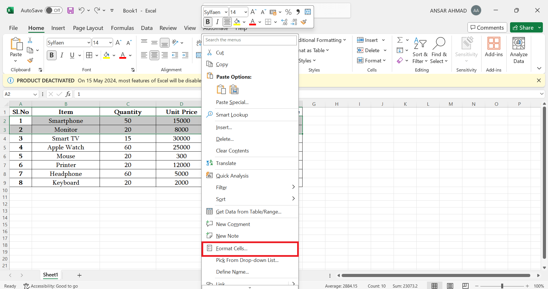Select Format Cells option