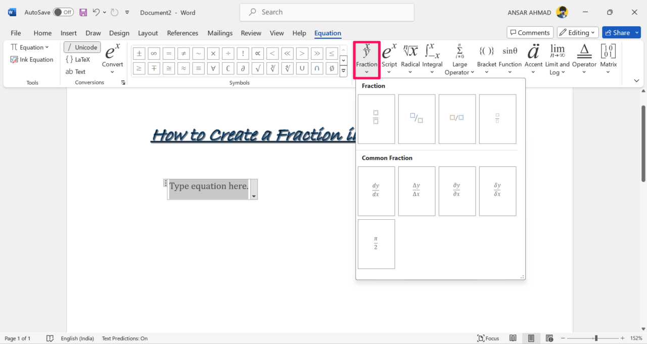 How to Make a Fraction in Microsoft Word