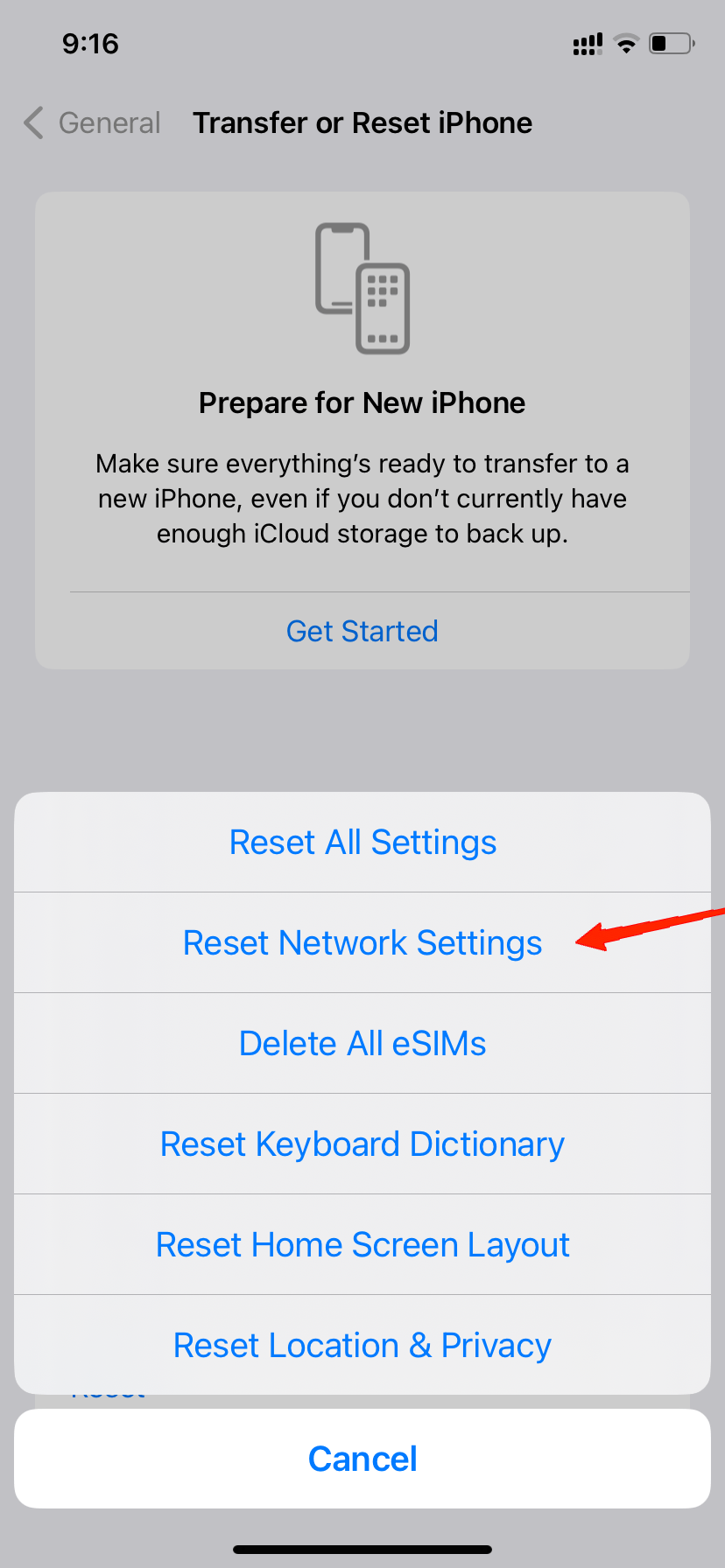 From the menu, select 'Reset Network Settings'.