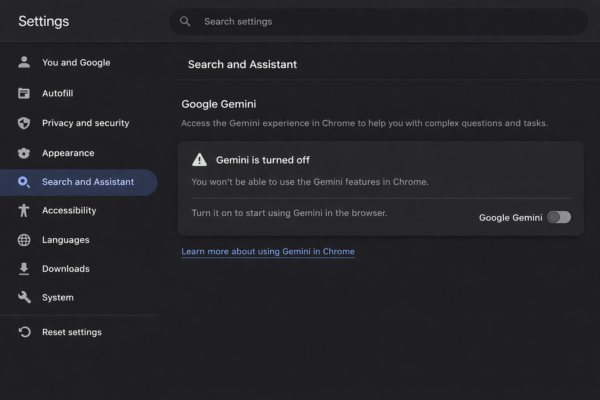 Chrome settings showing Gemini option turned off