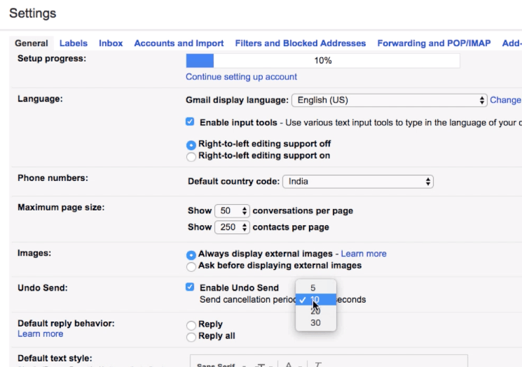Gmail Undo Send option in General Settings