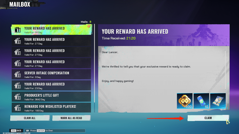 Go to your in-game mailbox and claim your free rewards from there.