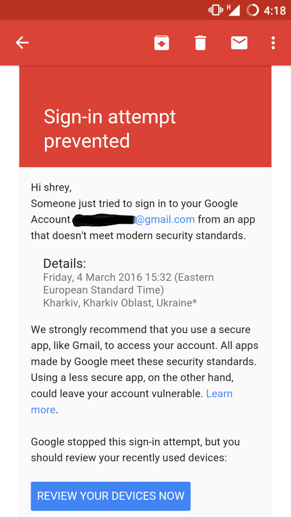 Google Sign in prevented mail