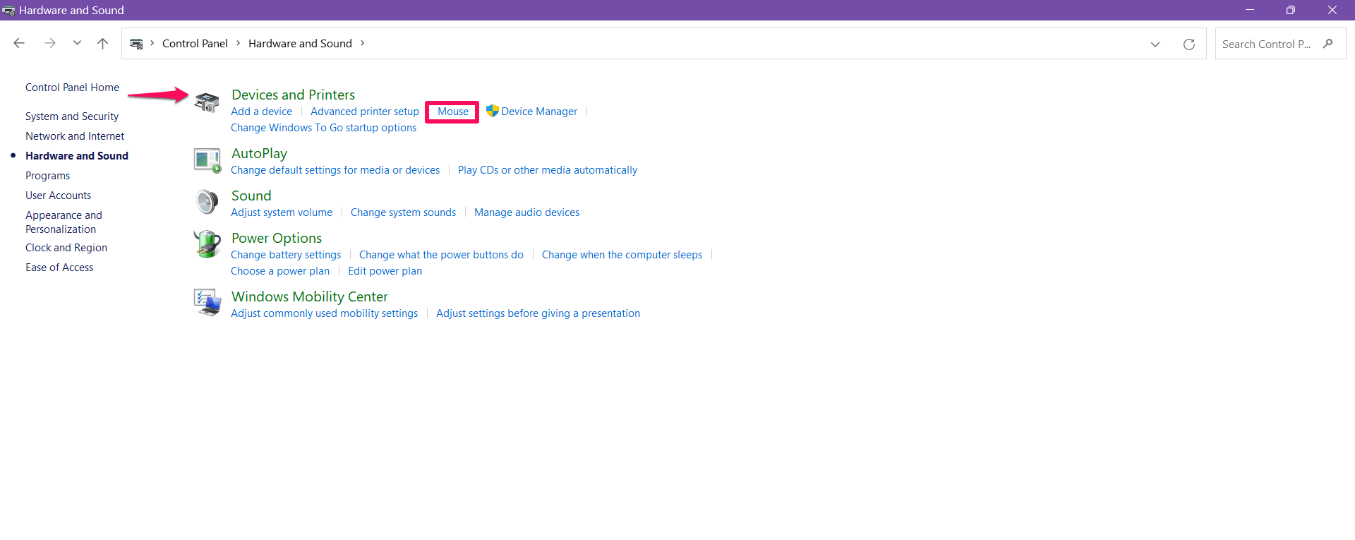 Click on Mouse in the Device and Printer section