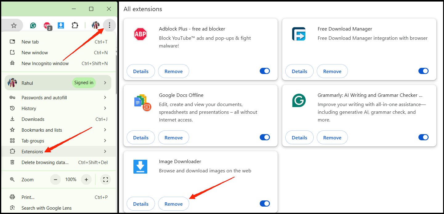 Here check for any extension that you haven't installed by yourself. If you find any malicious extensions here, remove them.
