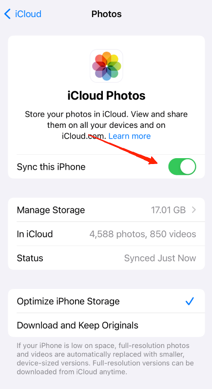 Here, enable the iCloud Photos option and wait for the backup process to complete.