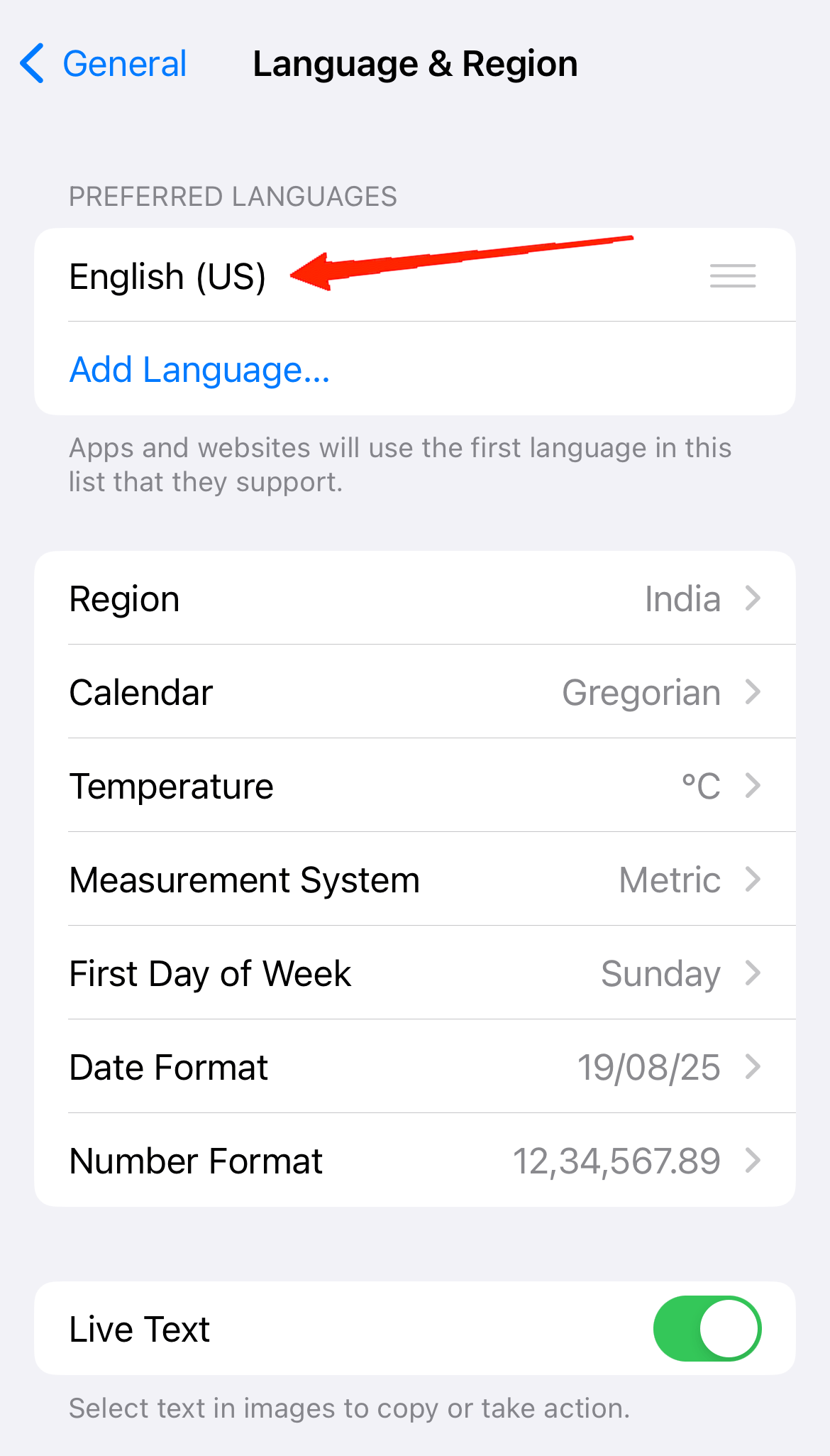 Here, ensure your iPhone is set to English (United States) or another supported language.