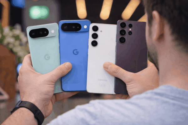 Holding four smartphones in hand