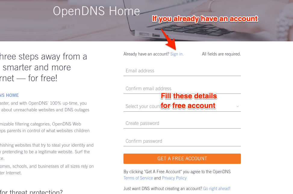 Home Free by OpenDNS Sign up form