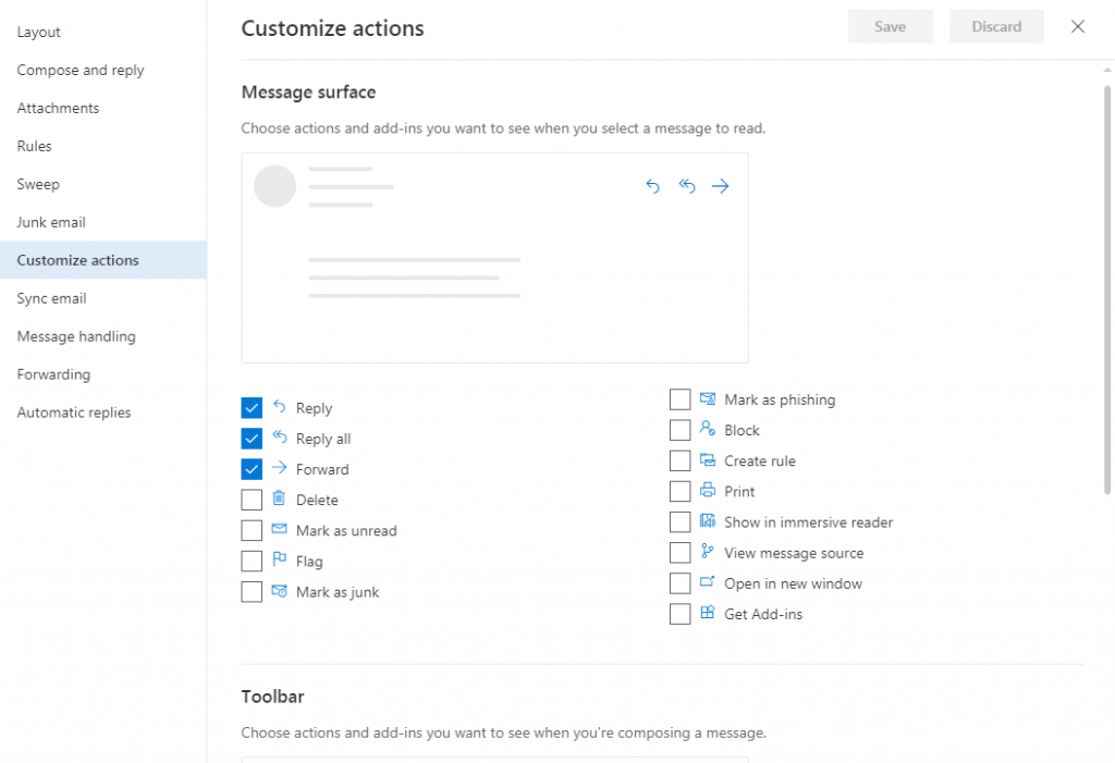 Hotmail Mail Settings Customization options