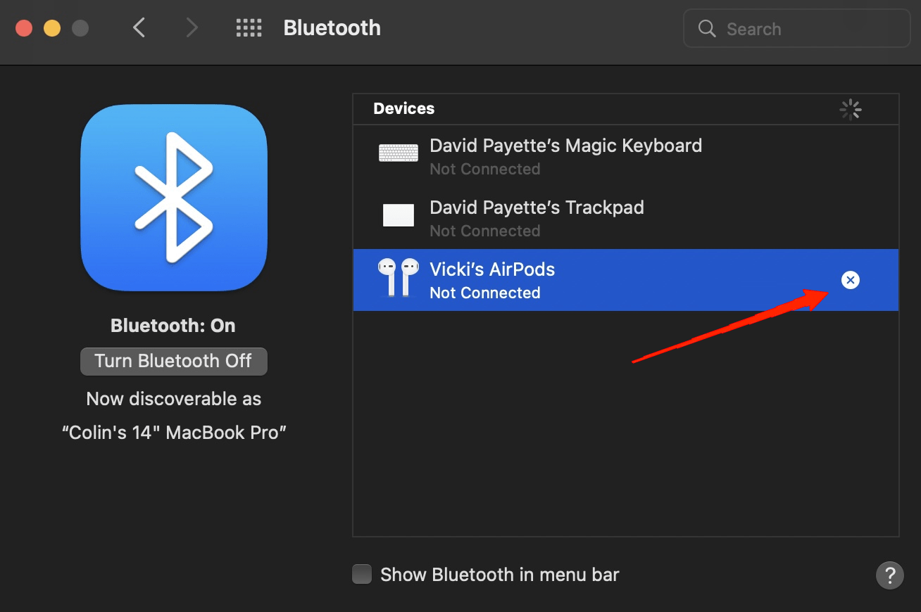 Hover over the AirPods option and click on the X option beside it.