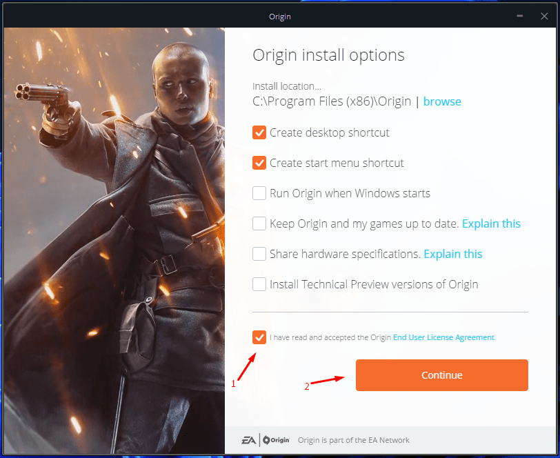 I allowed the Origin installer to add shortcuts only and then click on the “Continue” option