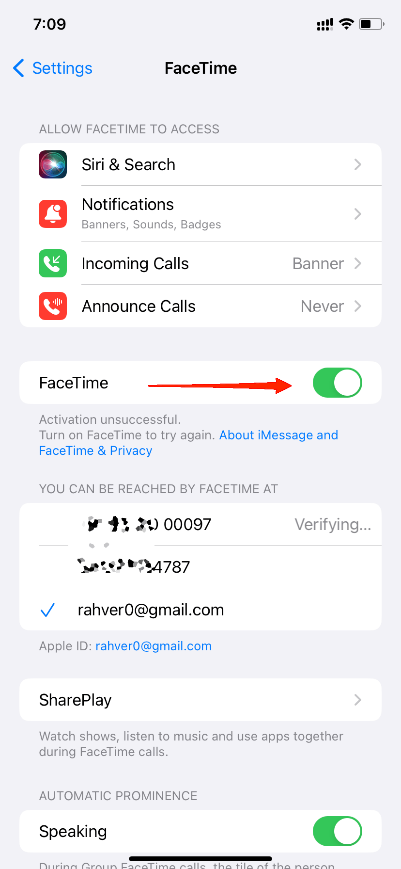 Disable the toggle next to FaceTime and again enable it.