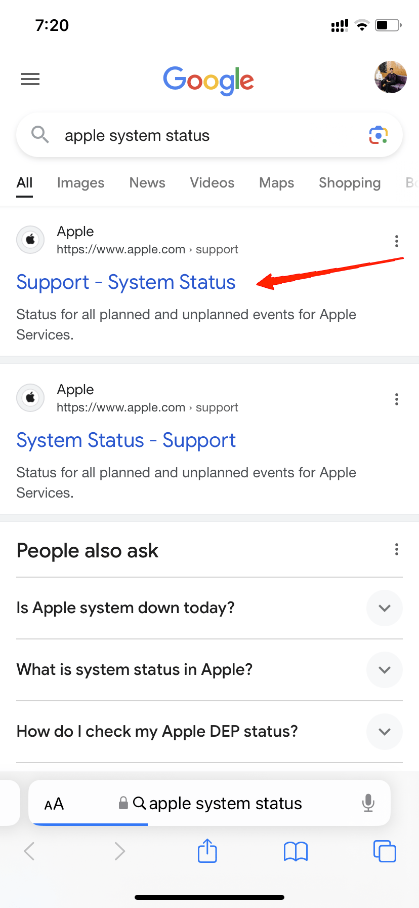 Найдите «Состояние системы Apple»