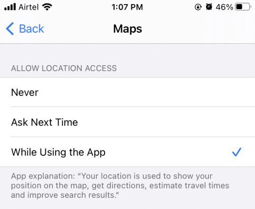 location While using the app