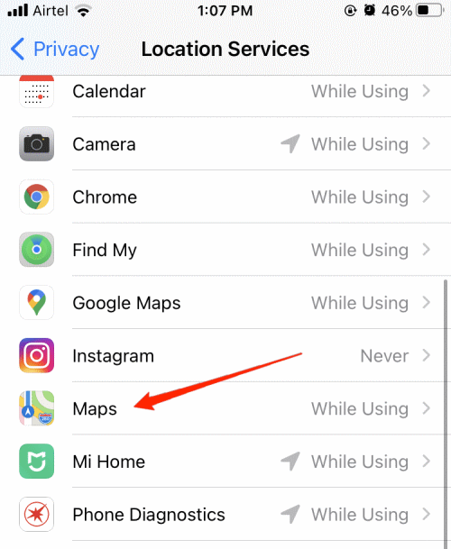 Scroll down and find Apple Maps