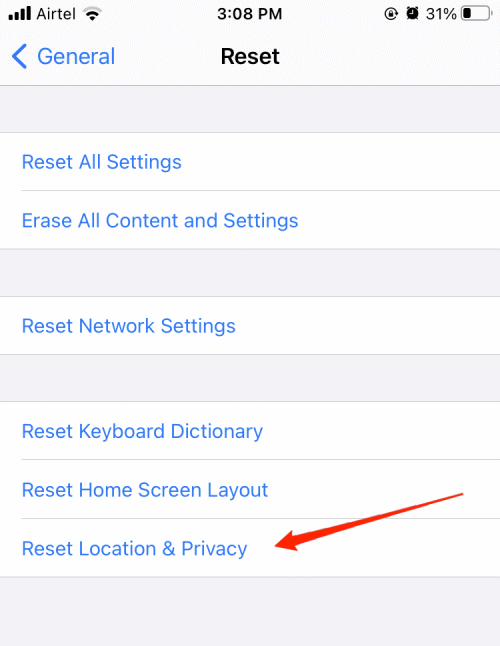 General > Reset > Reset Location & Privacy