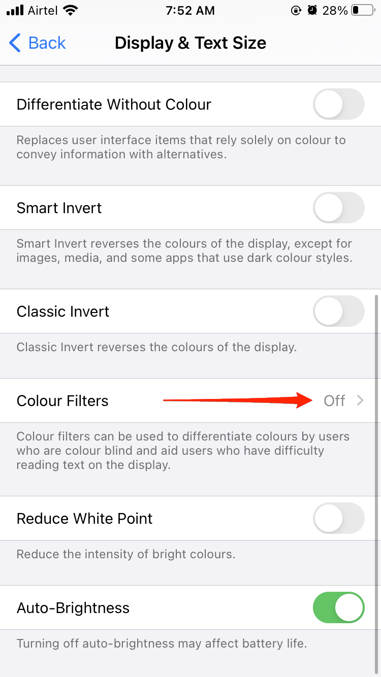 disable color filters iphone