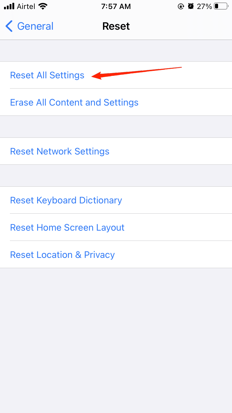 reset settings iphone