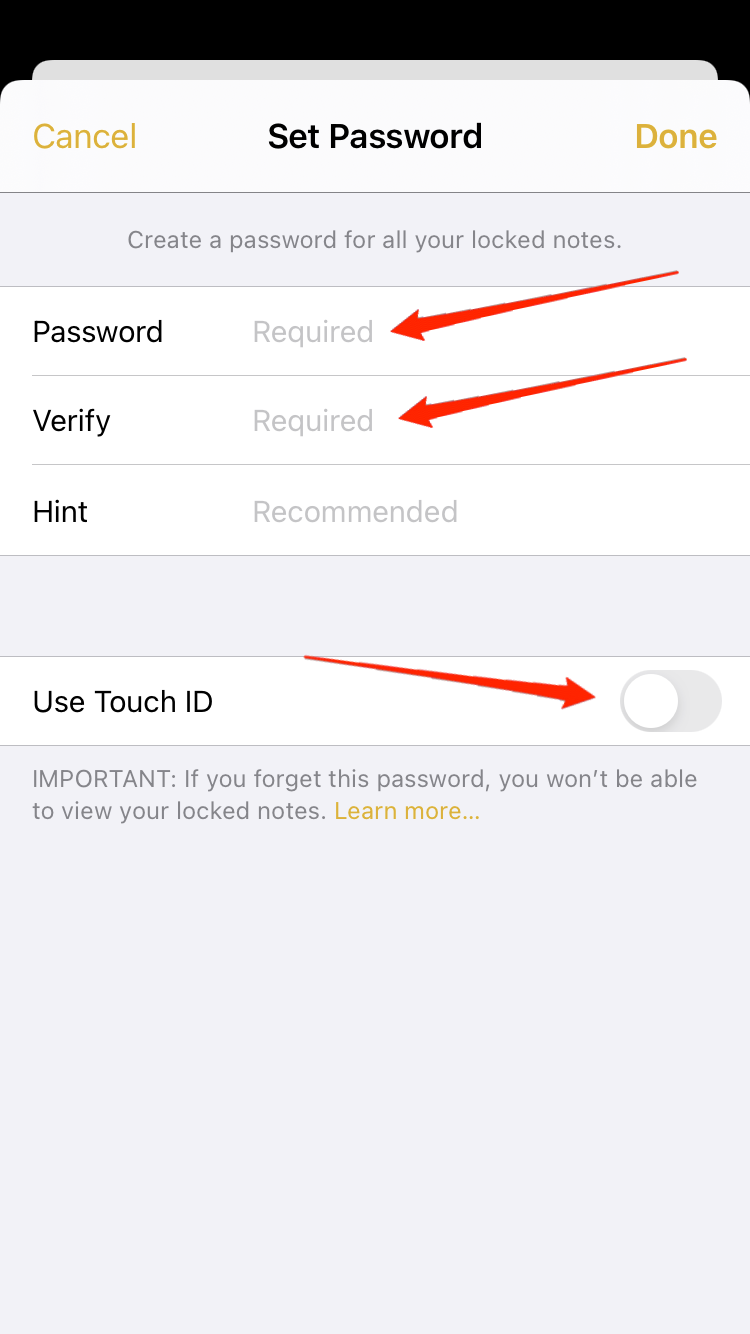notes password hint iphone