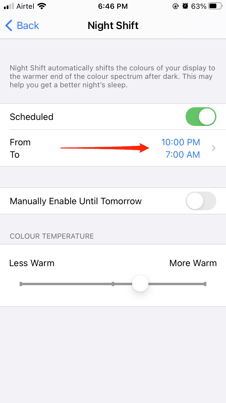 night shift schedule settings iphone