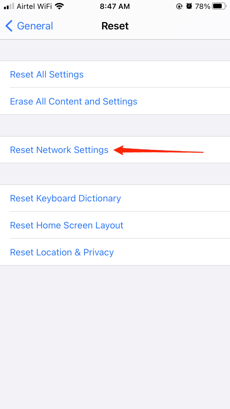 reset network settings iphone