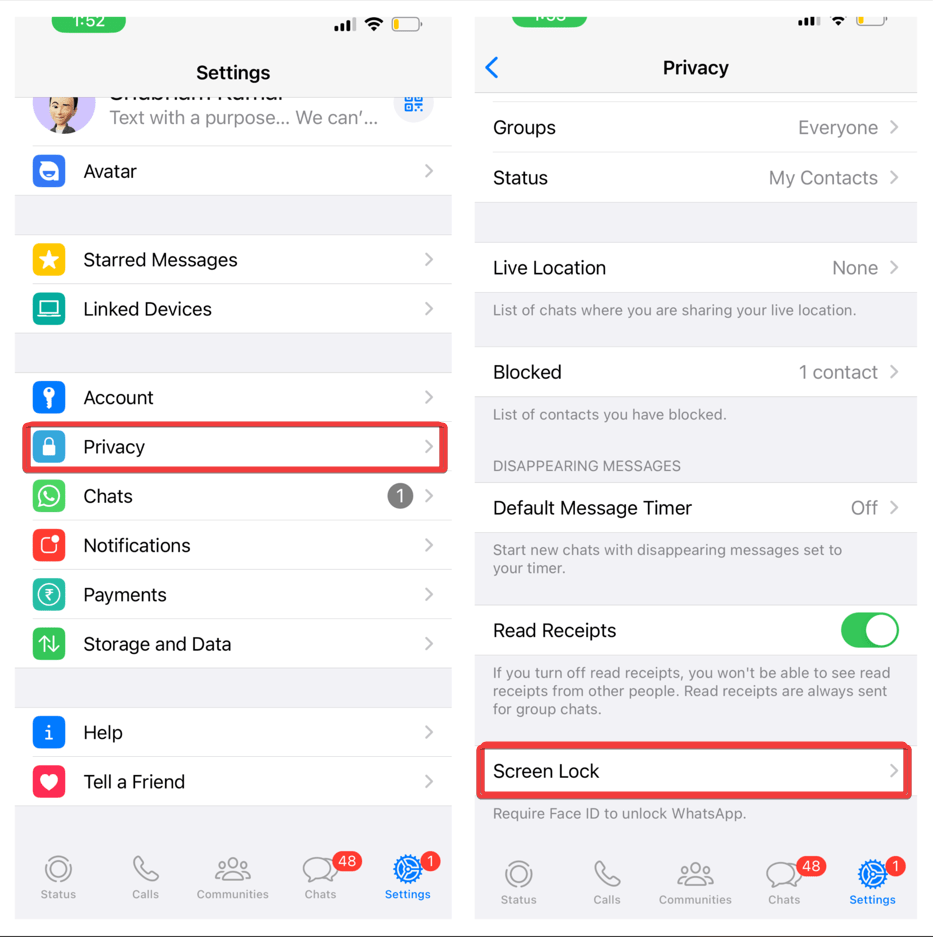 iPhone Settings, under privacy click on screen lock