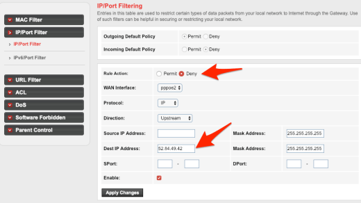 IP or Port Filter Setting in WiFi Router to block sites