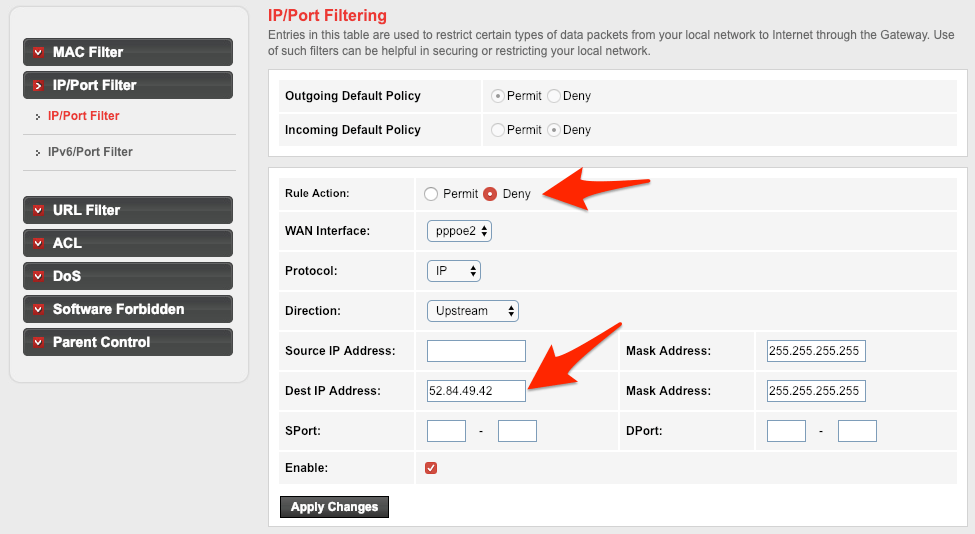 IP or Port Filter Setting in WiFi Router to block sites