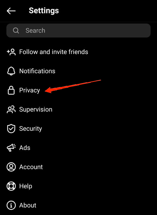 In the Settings menu, locate and click on Privacy