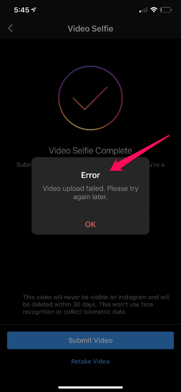 Instagram Video Selfie Verification Error