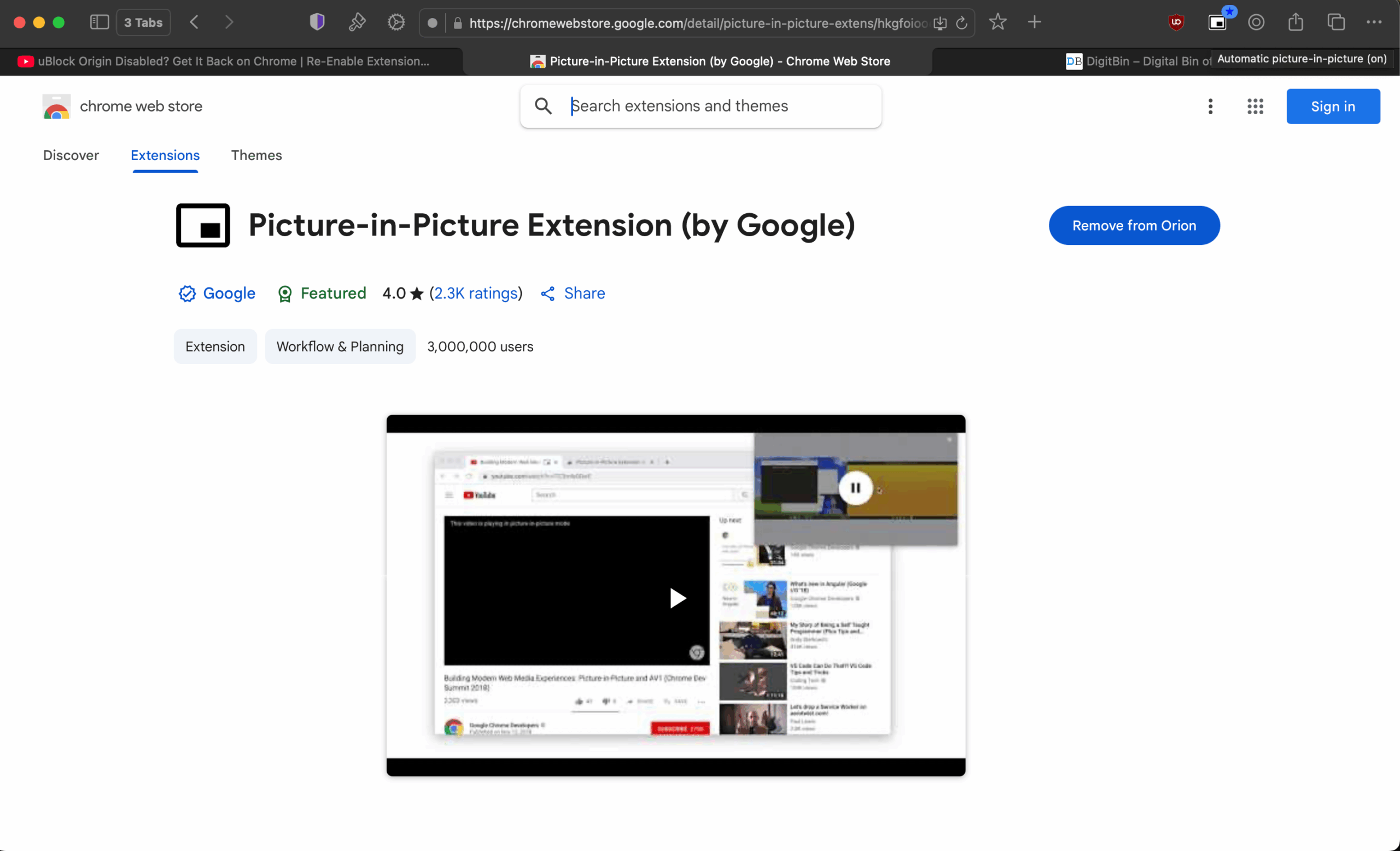Installed Picture-in-Picture by Google on Orion Browser