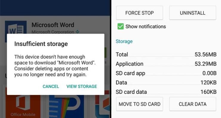Insufficient Storage Available problem when downloading apps from Play Store