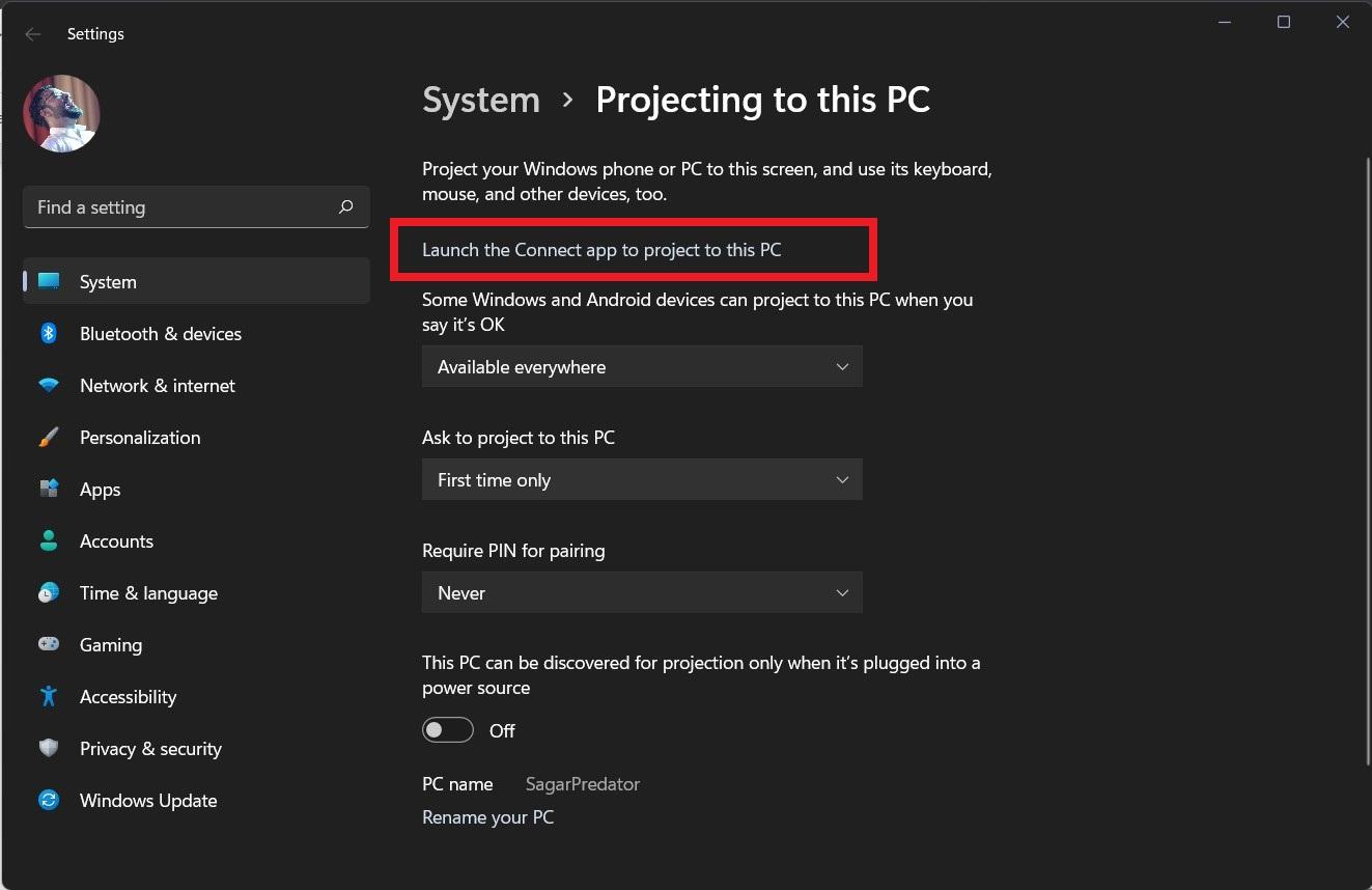 Launch the Connect App to Project to this PC