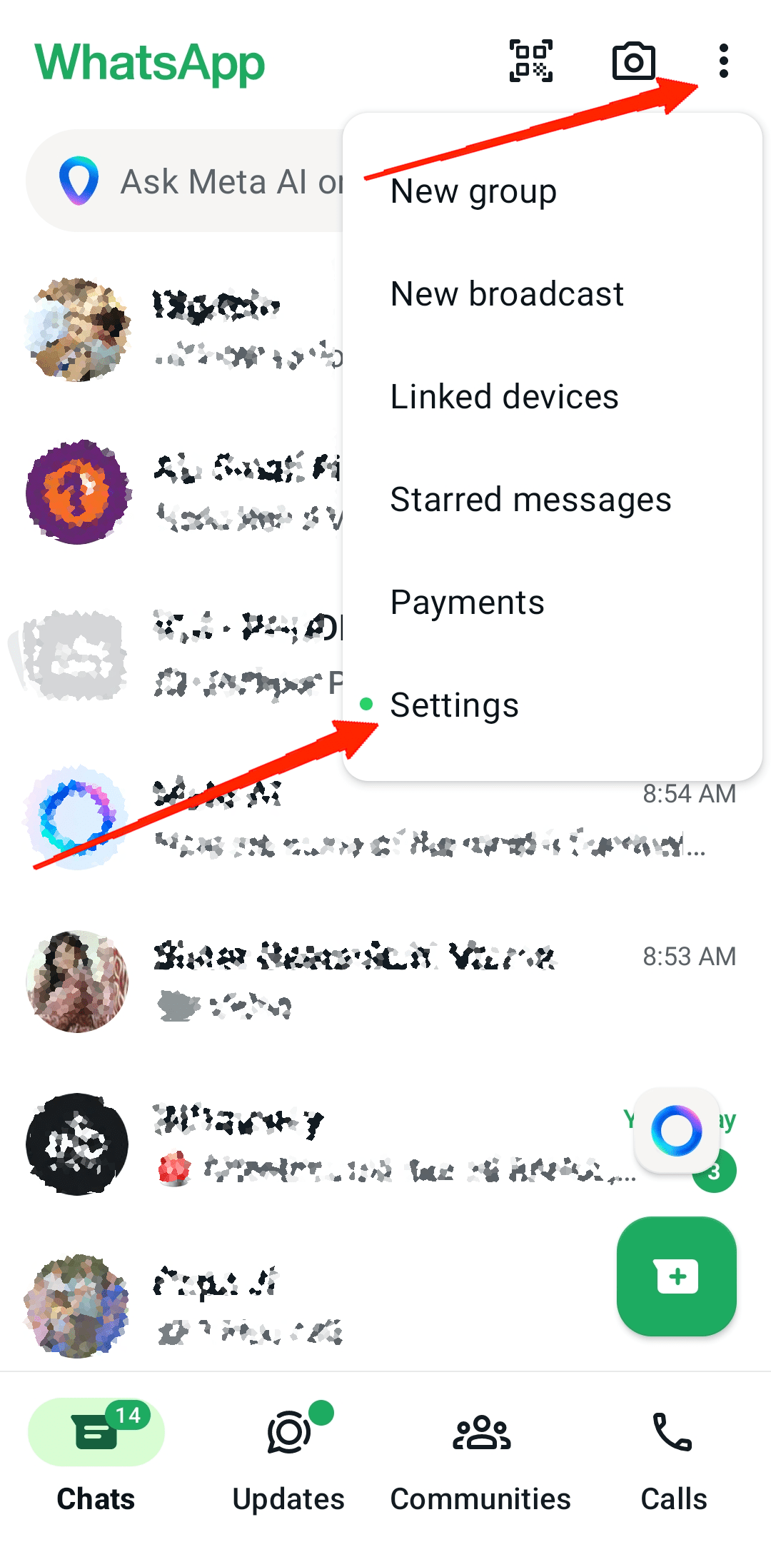 Launch the WhatsApp application on your device and tap on the three dots in the top-right corner.