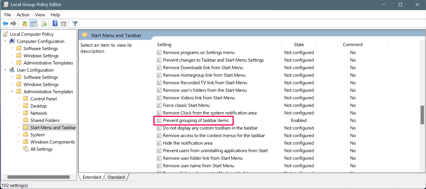 Double click on the Prevent grouping of taskbar items