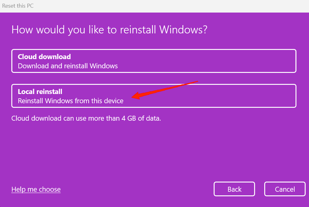 click on Local reinstall