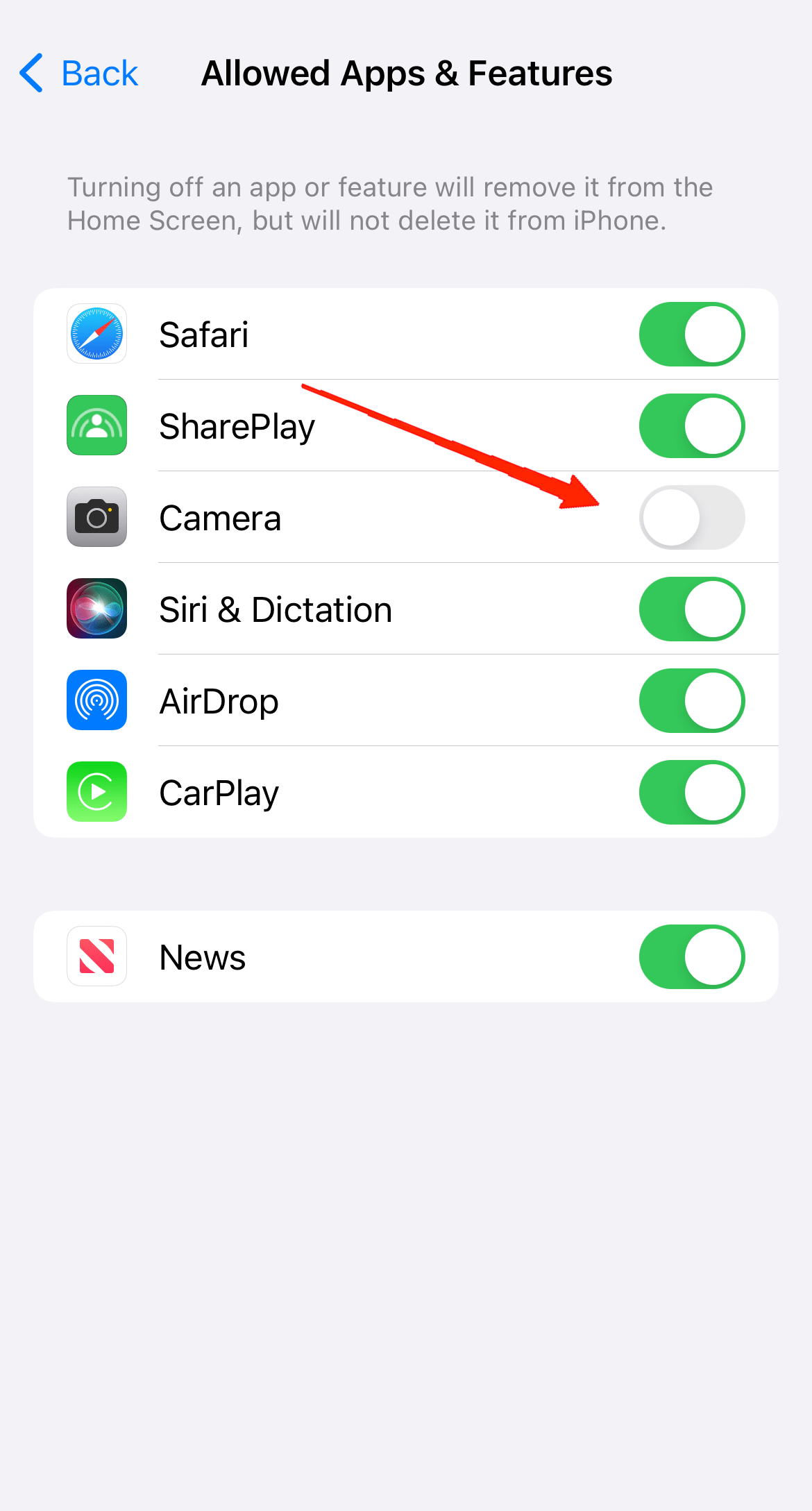 Locate the camera app in the list and turn it off.