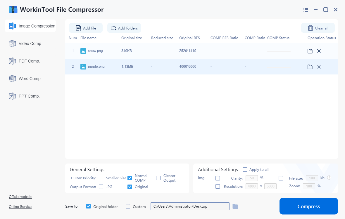 Make additional settings>Compress