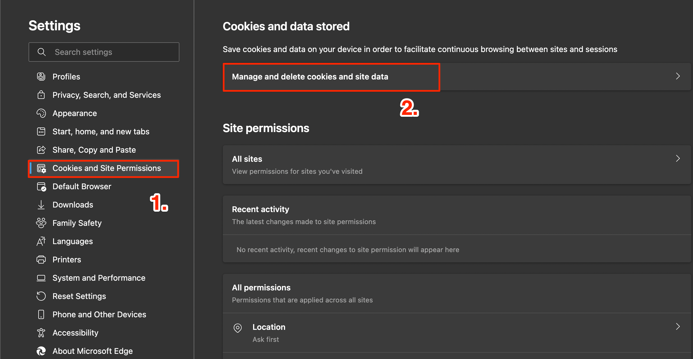 Manage and delete cookies and site data