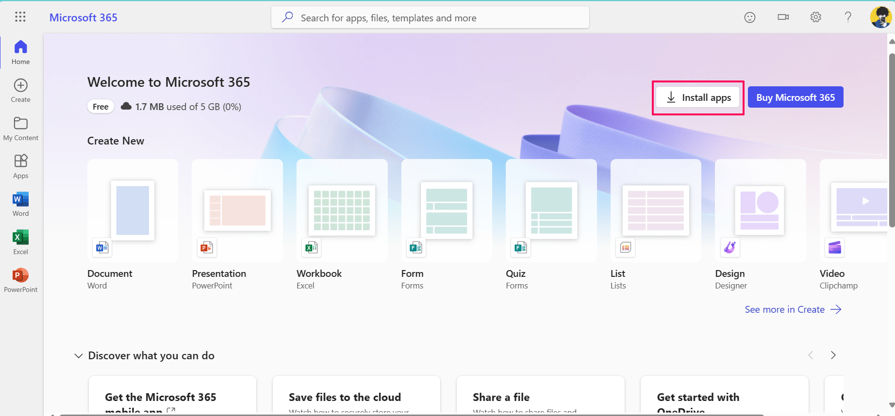 Click the Install apps to download PowerPoint