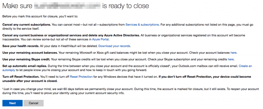 Microsoft Account Closure Confirmation