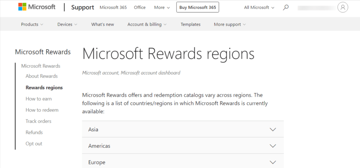 Microsoft Rewards Region