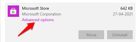 Microsoft Store Advanced Options