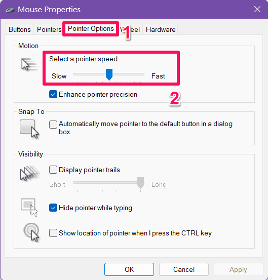 Change the mouse sensitivity using the pointer slider