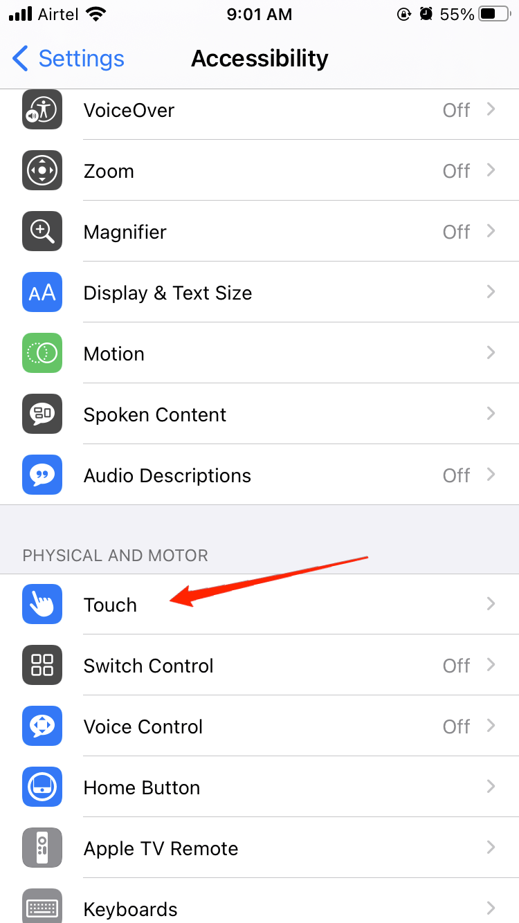 Navigate to Accessibility Touch menu